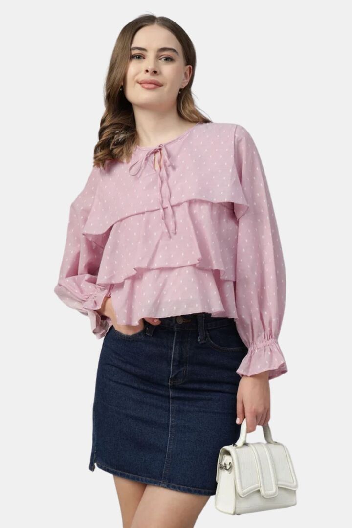 Sands of India Women Pastel Pink Dobby Ruffled Tie-Up Top - Pink — image 4