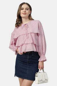 Sands of India Women Pastel Pink Dobby Ruffled Tie-Up Top - Pink — thumbnail 4