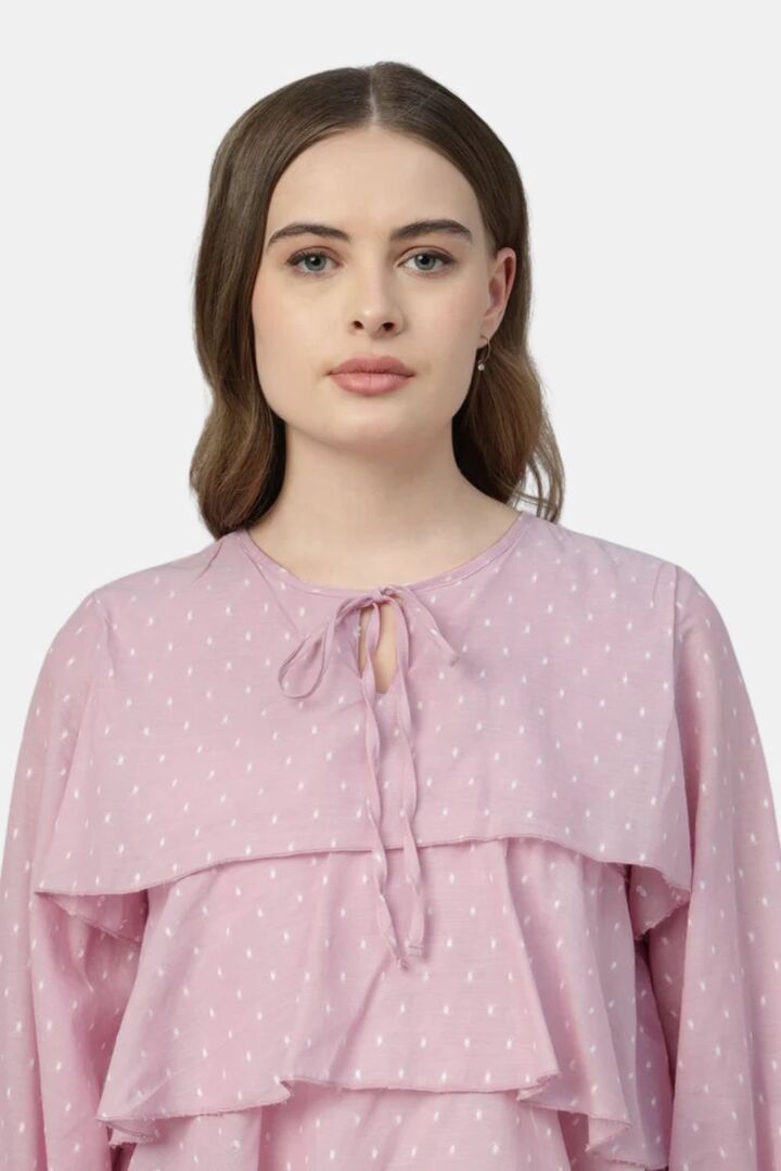 Sands of India Women Pastel Pink Dobby Ruffled Tie-Up Top - Pink — image 5