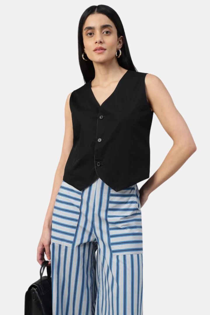 Sands of India Women V-Neck Sleeveless Striped Reversible Vest - Blue — image 2