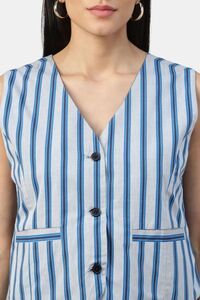 Sands of India Women V-Neck Sleeveless Striped Reversible Vest - Blue — thumbnail 5