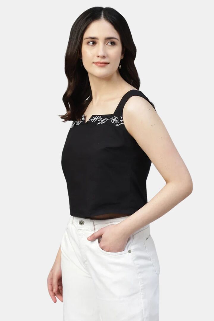 Sands of India Women Black Poplin Embroidered Sweetheart Neck Top - Black — image 3