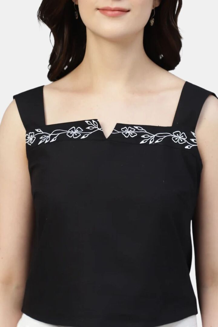 Sands of India Women Black Poplin Embroidered Sweetheart Neck Top - Black — image 5