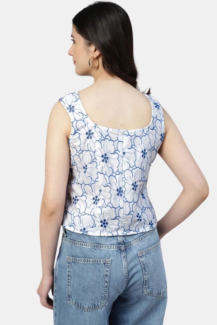 Sands of India Women Embroidered White Schiffli Sweetheart Neck Top - White — image 2