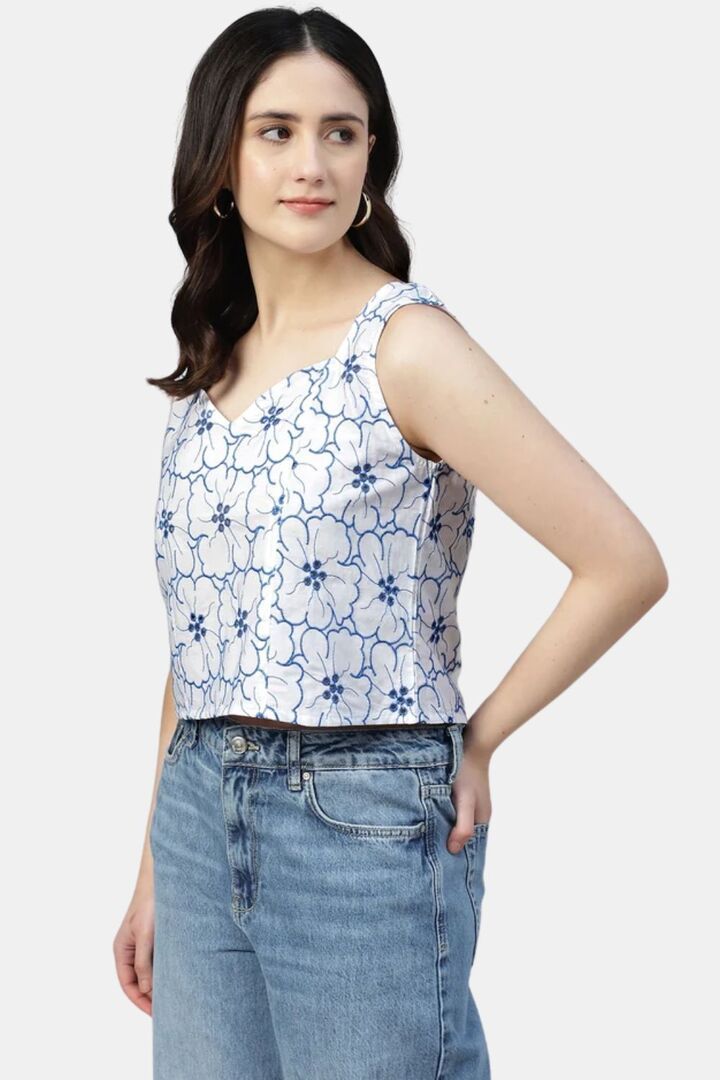 Sands of India Women Embroidered White Schiffli Sweetheart Neck Top - White — image 3