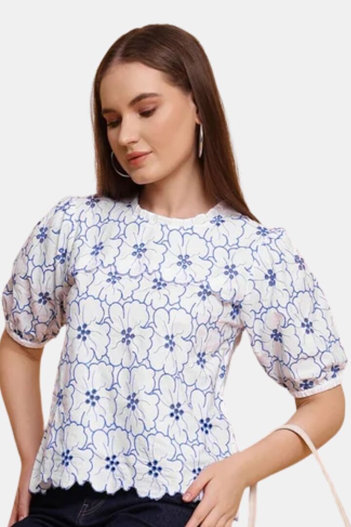 Sands of India Women Embroidered White Schiffli Poplin Regular Fit Top - White — image 3