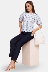 Sands of India Women Embroidered White Schiffli Poplin Regular Fit Top - White — thumbnail 4