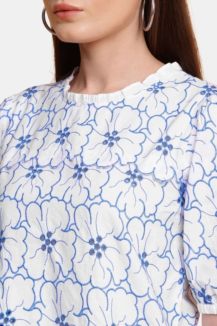 Sands of India Women Embroidered White Schiffli Poplin Regular Fit Top - White — image 5