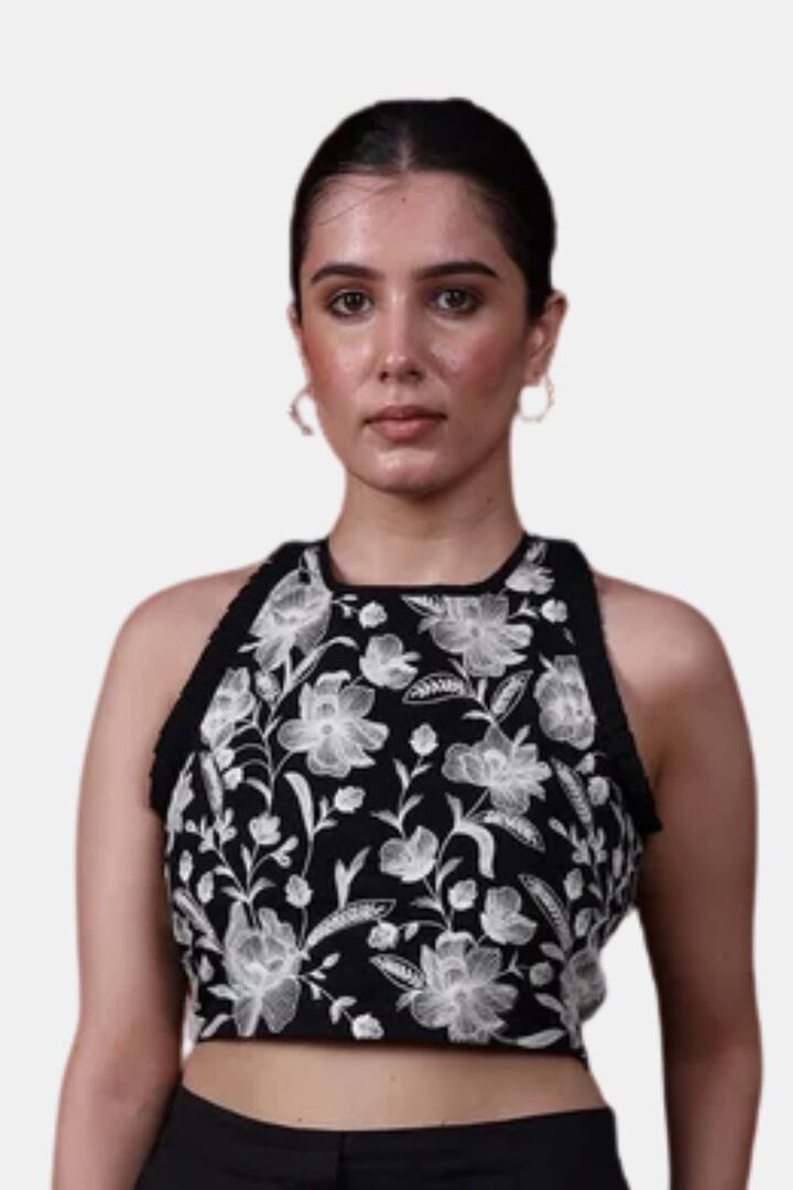 Sands of India Black Embroidered Halter Neck Crop Top  - Black — image 4