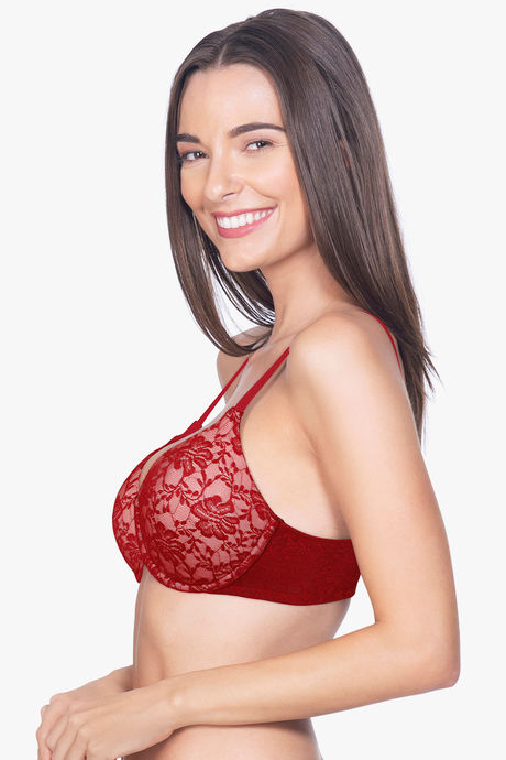 Amante Floral Romance Padded Wired Full Coverage Lace Bra - Rumba Red Impatiens Pink — image 2