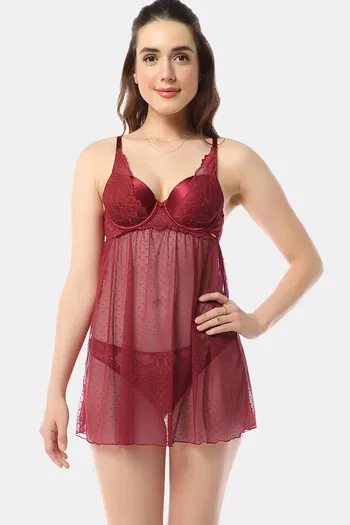 Buy Zivame Lace Embrace Sheer Mesh Babydoll With G String-Salmon at Rs.2295  online