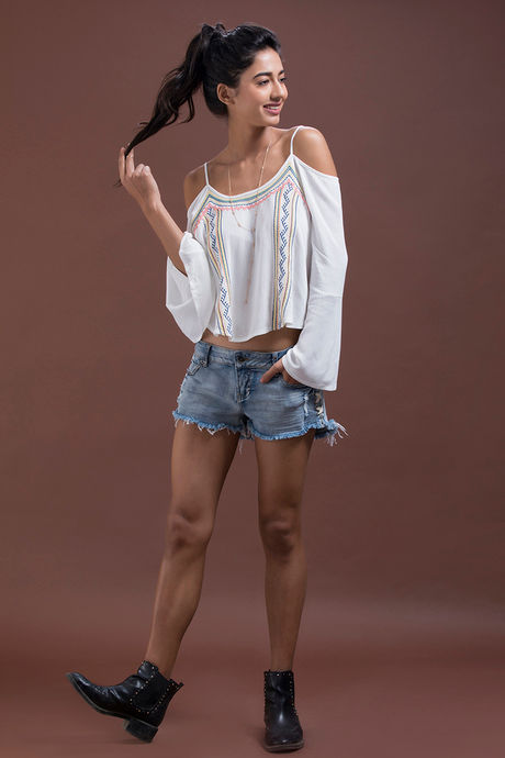 Zivame Boho Belle Embroidered Cold Shoulder Crop Top- Ivory — image 2