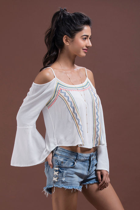 Zivame Boho Belle Embroidered Cold Shoulder Crop Top- Ivory — image 3