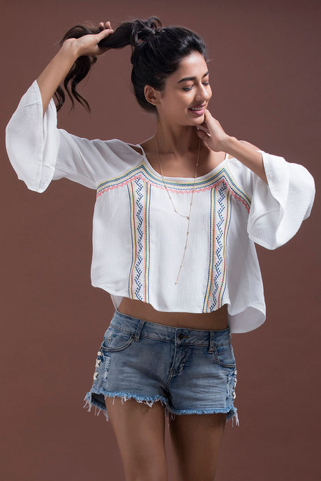 Zivame Boho Belle Embroidered Cold Shoulder Crop Top- Ivory — image 5