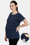 Coucou Bamboo Cotton Maternity Loungewear Top With Front Zipper And Discreet Feeding - Navy Blue — thumbnail 1