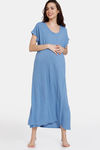 Coucou Bamboo Cotton Maternity Mid Length Loungewear Dress With Front Open With Discreet Feeding - Azure Blue — thumbnail 2