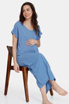 Coucou Bamboo Cotton Maternity Mid Length Loungewear Dress With Front Open With Discreet Feeding - Azure Blue — thumbnail 4