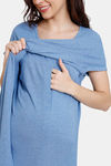 Coucou Bamboo Cotton Maternity Mid Length Loungewear Dress With Front Open With Discreet Feeding - Azure Blue — thumbnail 5