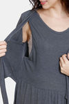 Coucou Bamboo Cotton Maternity Mid Length Loungewear Dress With Discreet Feeding- Flint Gray — thumbnail 6