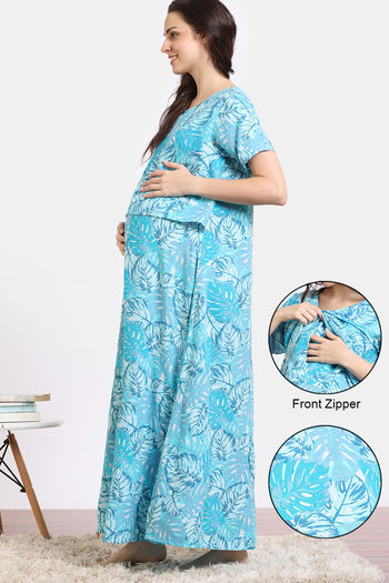 Coucou Maternity Woven Full Length Nightdress With Front Zipper And Discreet Feeding - Ocean Blue