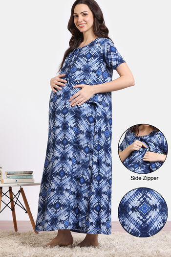 Coucou Maternity Woven Full Length Nightdress With Front Zipper And Discreet Feeding - Classic Blue