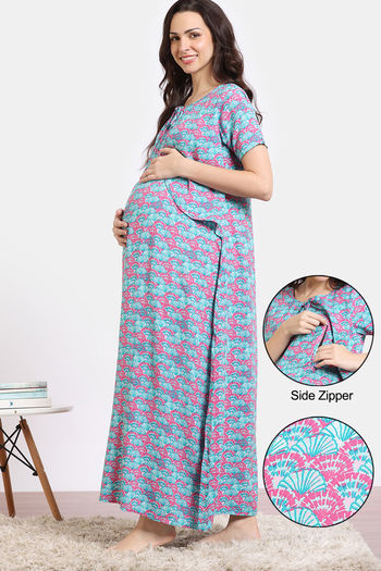 Coucou Maternity Woven Full Length Nightdress With Front Zipper And Discreet Feeding - Pacific Blue