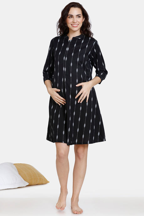Coucou Maternity & Nursing Woven Knee Length Loungewear Dress With Front Zipper - Black — image 2