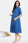 Coucou Maternity & Nursing Woven Mid Length Loungewear Dress With Front Open - Classic Blue — thumbnail 4