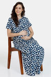 Coucou Maternity Woven Full Length Loungewear Dress With Front Zipper And Discreet Feeding - Navy Peony — thumbnail 4