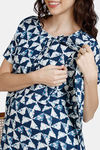 Coucou Maternity Woven Full Length Loungewear Dress With Front Zipper And Discreet Feeding - Navy Peony — thumbnail 5