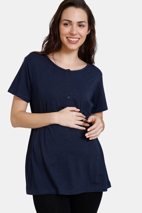 Coucou Bamboo Cotton Maternity & Nursing Top - Front Open Button - Blue Depths — image 2