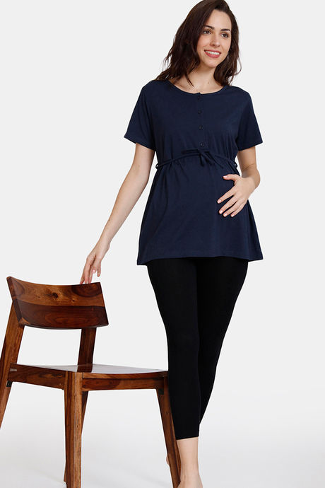 Coucou Bamboo Cotton Maternity & Nursing Top - Front Open Button - Blue Depths — image 4