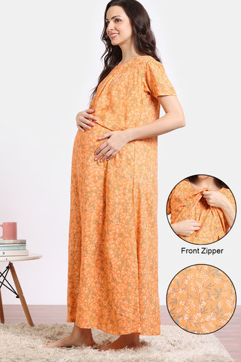 Coucou Maternity Woven Full Length Nightdress With Front Zipper And Discreet Feeding - Metalic Orange
