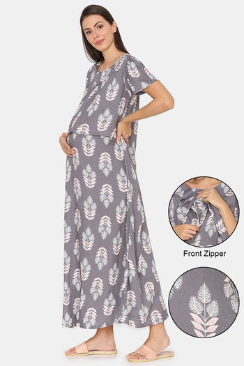 Coucou Maternity Woven Full Length Nightdress With Discreet Feeding - Ultimate Gray