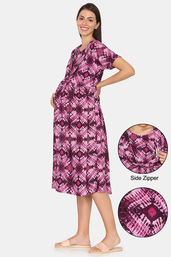 Coucou Maternity Woven Mid Length Nightdress With Side Zipper And Discreet Feeding - Festive Fuschia