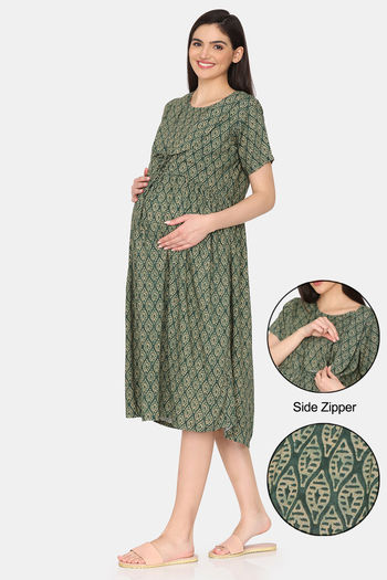 Coucou Maternity Woven Mid Length Nightdress With Side Zipper And Discreet Feeding - Formal Garden