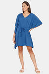 Coucou Knee Length Slip On Poncho With Waist Tie Up - Palace Blue — thumbnail 4