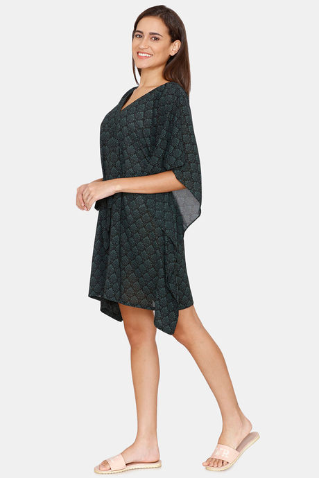 Coucou Knee Length Slip On Printed Poncho With Waist Tie Up - Jet Black — image 2