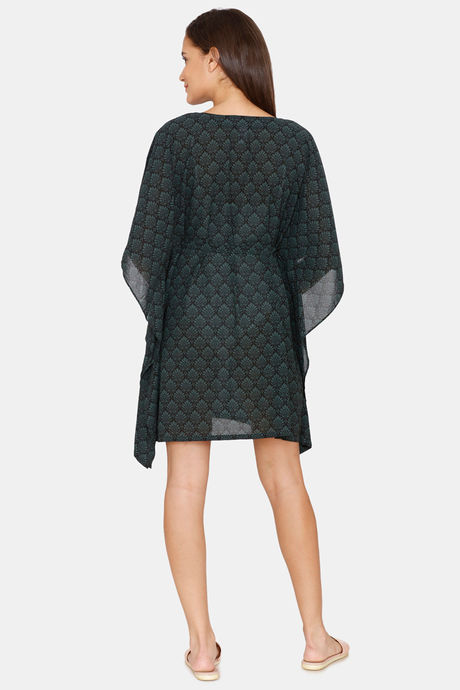 Coucou Knee Length Slip On Printed Poncho With Waist Tie Up - Jet Black — image 3