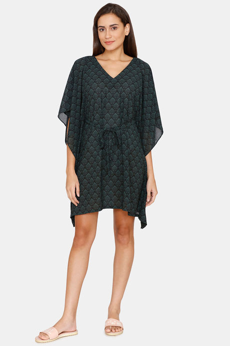 Coucou Knee Length Slip On Printed Poncho With Waist Tie Up - Jet Black — image 4