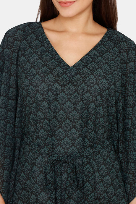 Coucou Knee Length Slip On Printed Poncho With Waist Tie Up - Jet Black — image 5