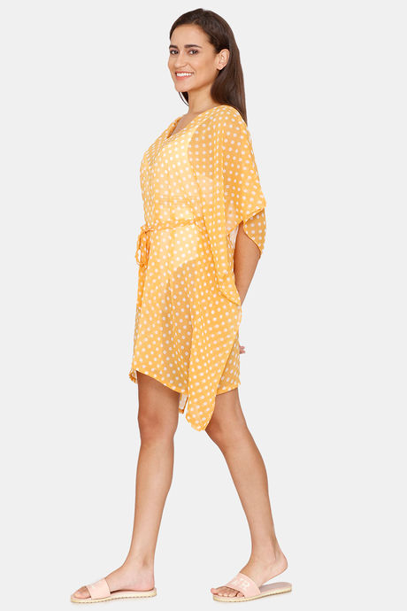 Coucou Knee Length Slip On Printed Poncho With Waist Tie Up - Spicy Musturd — image 2