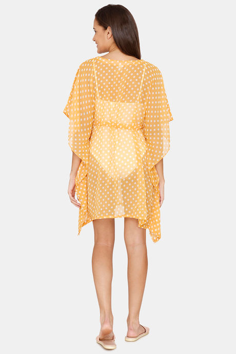 Coucou Knee Length Slip On Printed Poncho With Waist Tie Up - Spicy Musturd — image 3
