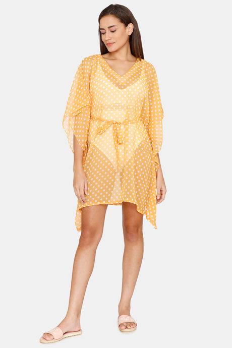 Coucou Knee Length Slip On Printed Poncho With Waist Tie Up - Spicy Musturd — image 4