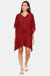 Coucou Knee Length Slip On Printed Poncho With Waist Tie Up - True Red — thumbnail 4