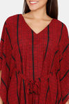 Coucou Knee Length Slip On Printed Poncho With Waist Tie Up - True Red — thumbnail 5