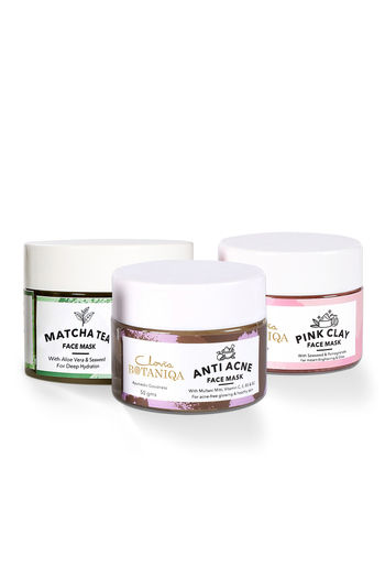 Buy Clovia Botaniqa Anti Acne Face Mask, Matcha Green Tea Hydrating Face Mask & Pink Clay Face Mask. (50gm each)