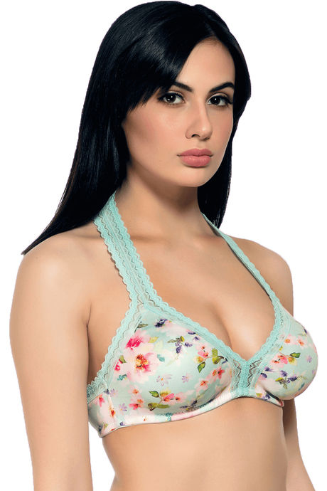 InnerSense Organic Cotton Wirefree Removable Cookie Floral Print Halter Neck Bra - Aqua Green — image 2