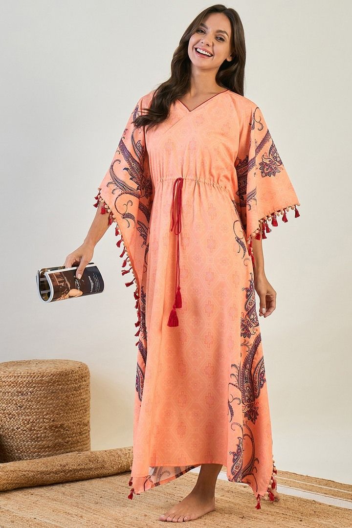 The Kaftan Company Peach Paisley Border Kaftan - Orange — image 2