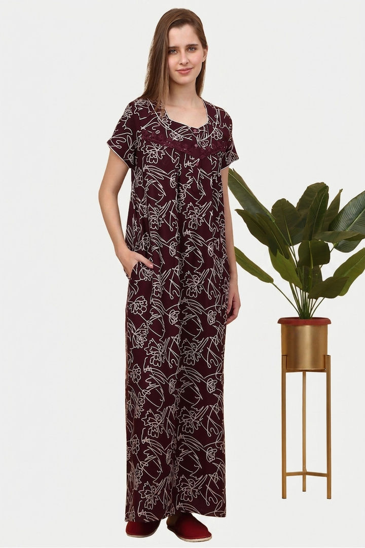 Sweet Dreams Printed Full Length Nightdress - Maroon — image 3